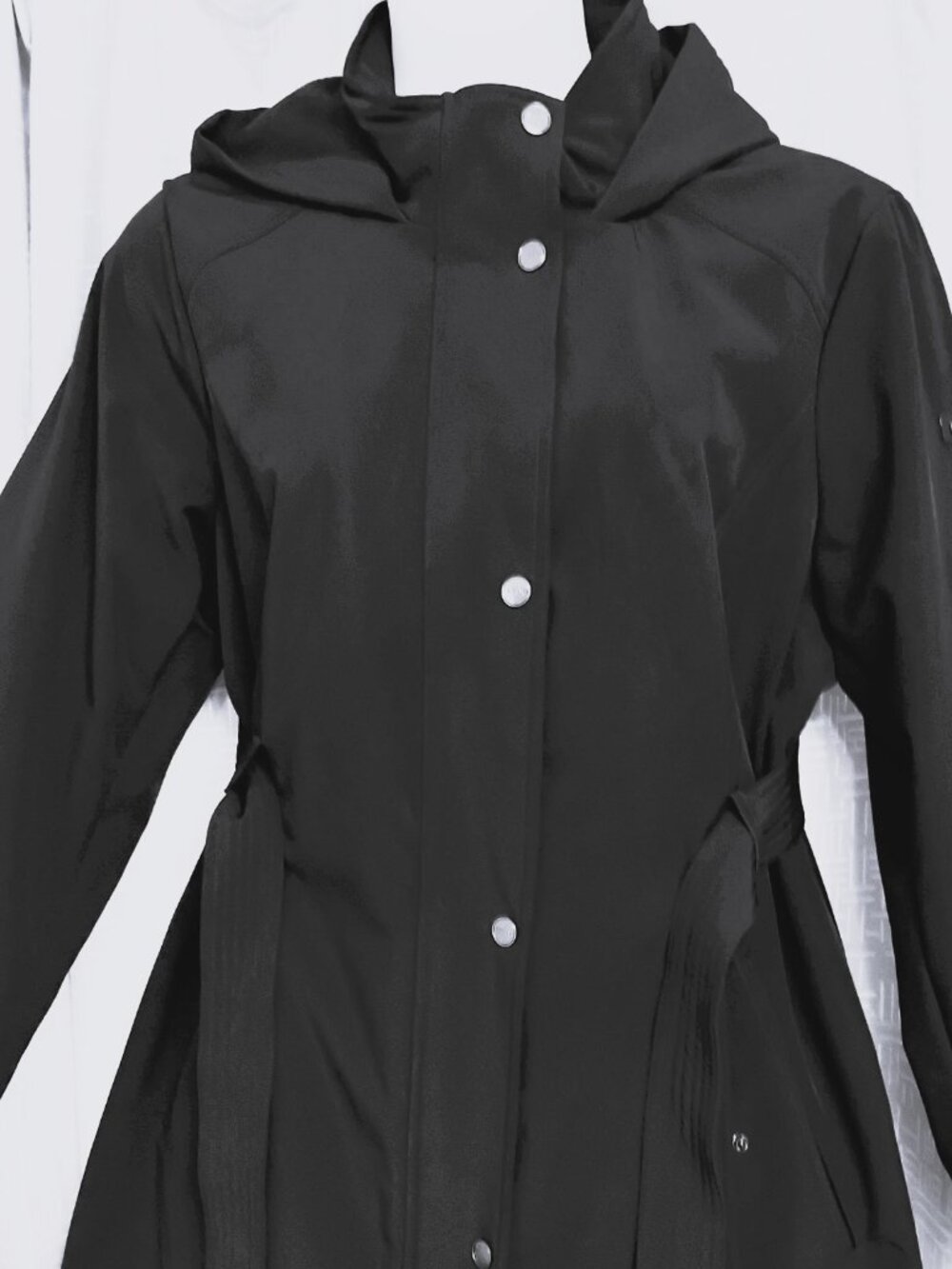 New DKNY. Black Soft Shell Belted & Hooded Raincoat (Plus Size) 2X